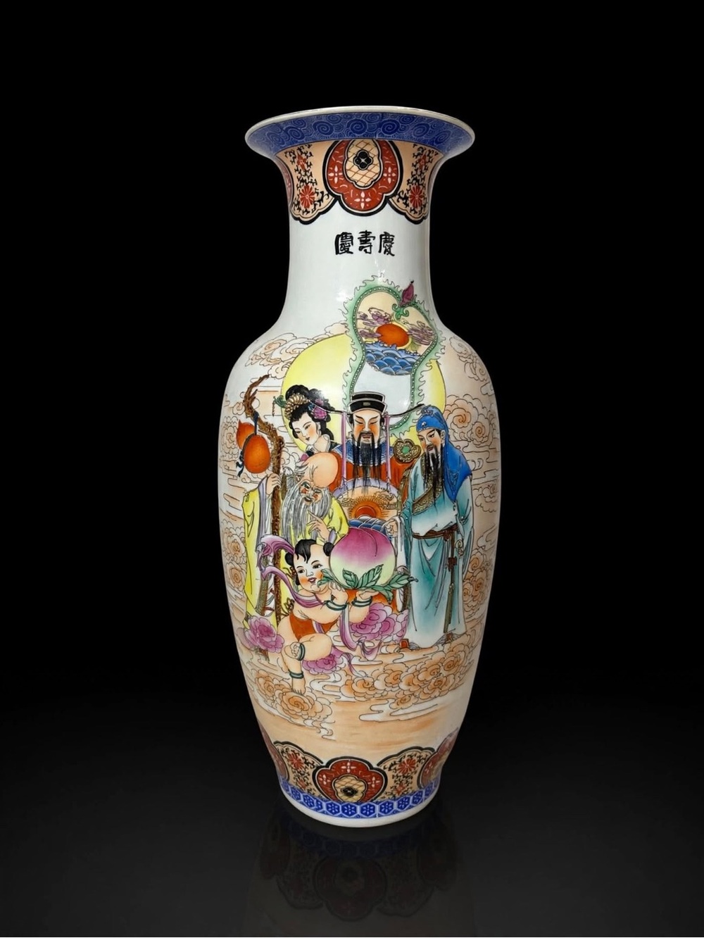 Vintage Large Chinese Porcelain Vase 24" Tall Hand Painted Longevity Gods Sanxin